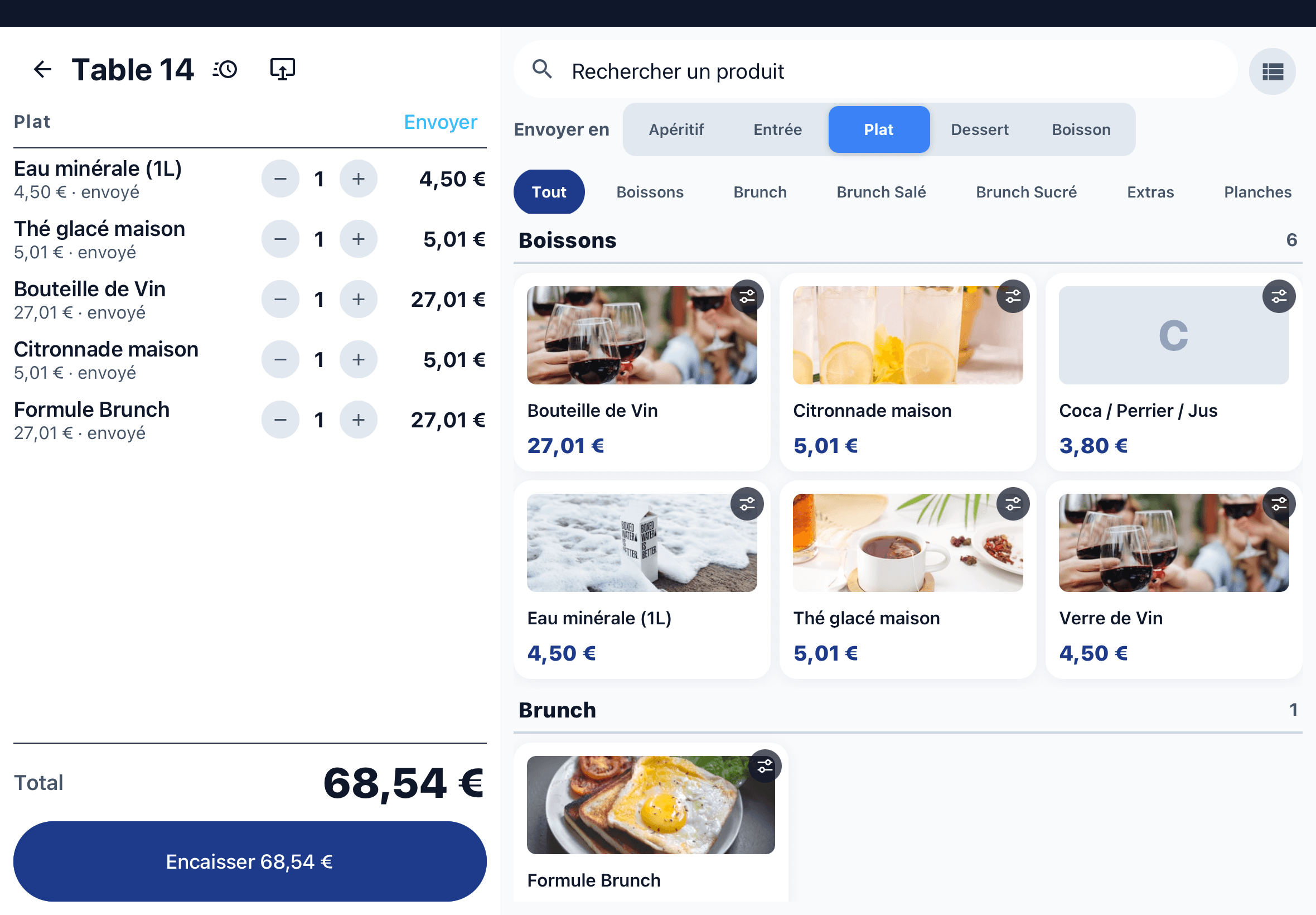 Interface de caisse 1Acces sur iPad : prise de commande avec catalogue produits par familles et envoi en cuisine