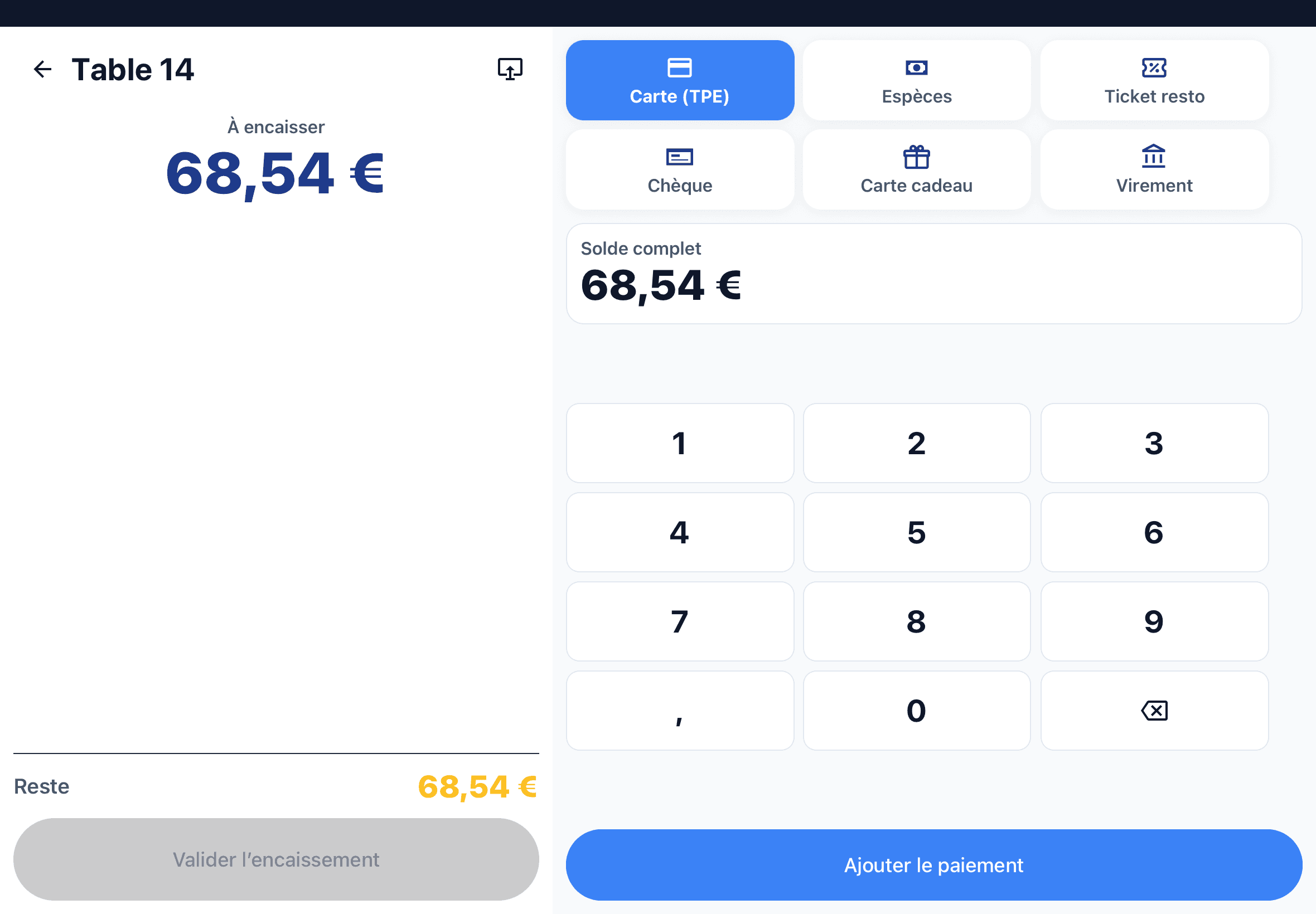 Écran d'encaissement 1Acces sur iPad : choix du moyen de paiement (carte TPE, espèces, ticket resto, chèque, carte cadeau, virement) et pavé numérique
